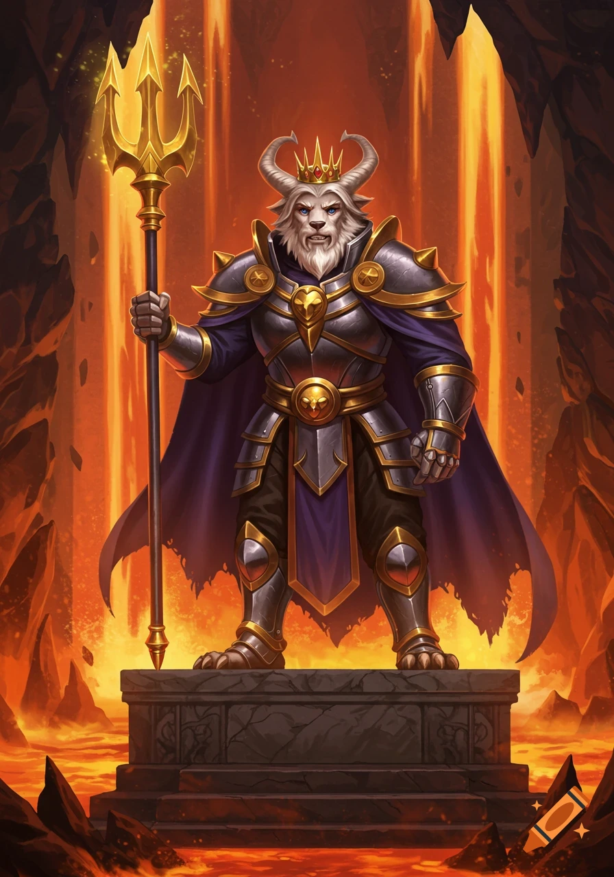 A regal, armored, bipedal lion-like king with horns and a crown stands on a pedestal, holding a golden trident in a lava cave.