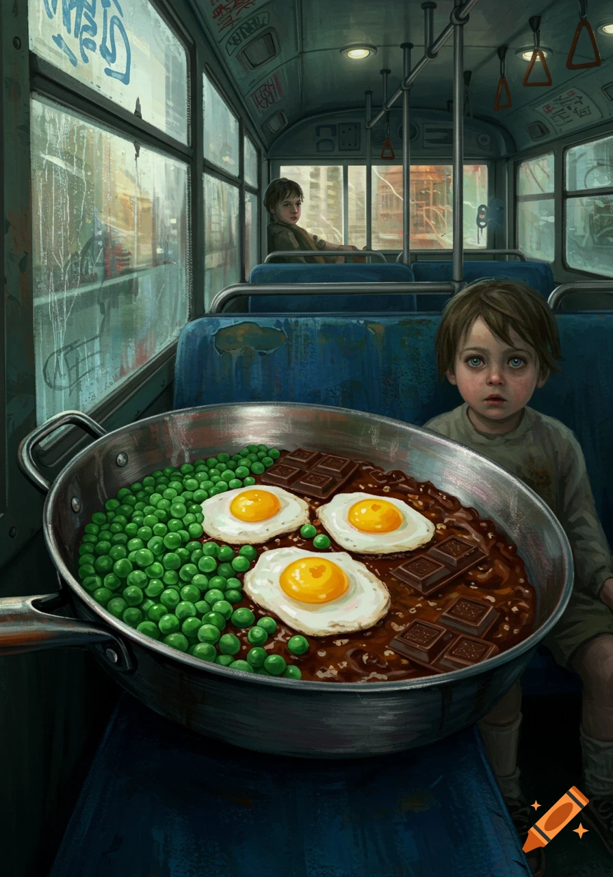 A young boy sits in a grungy bus next to a large pan filled with peas, fried eggs, and chocolate bars, with another boy in the background.