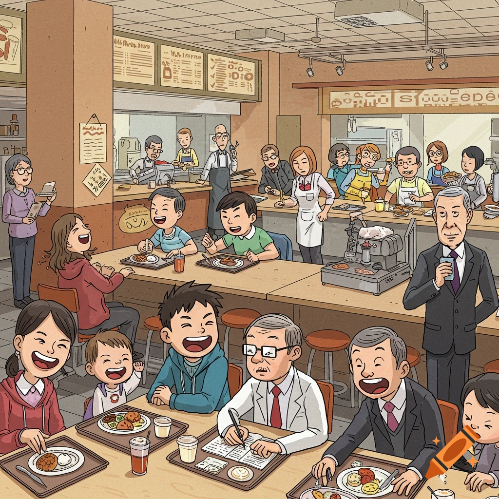 A vibrant cartoon illustration of a busy cafeteria filled with many people eating, talking, and serving food.