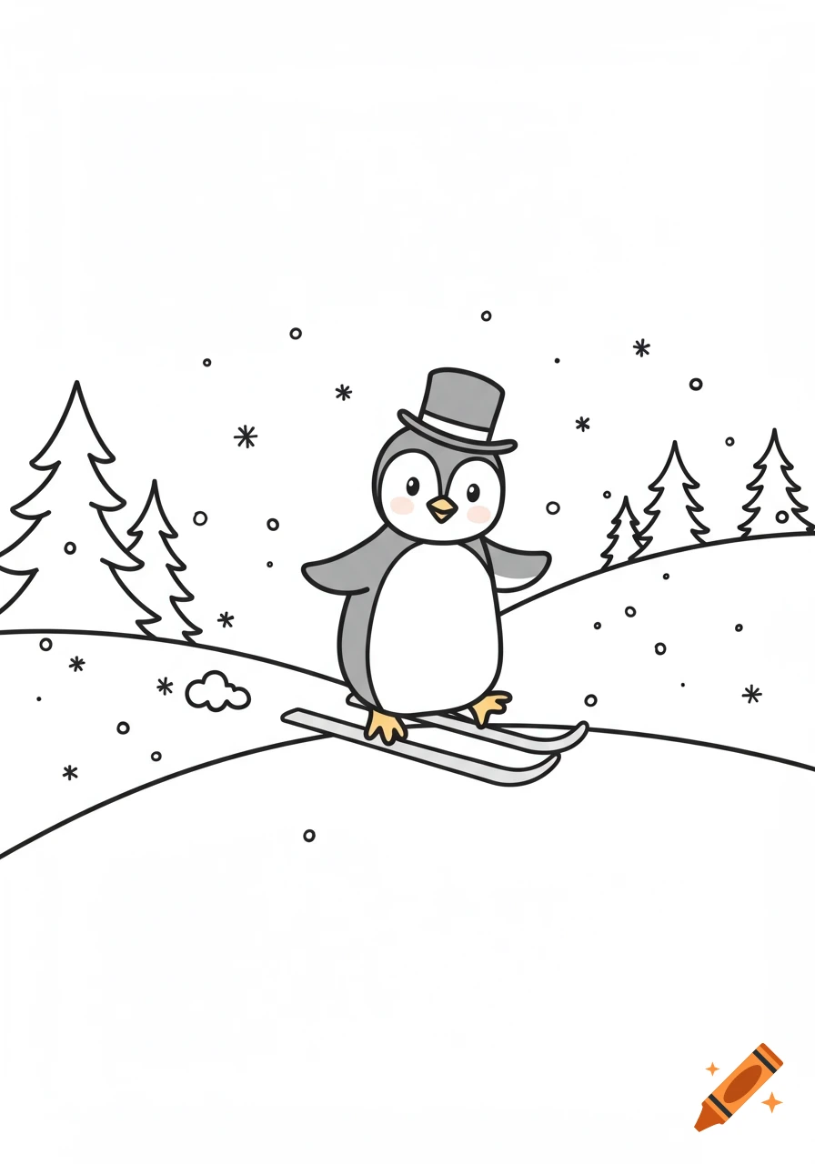 A cute cartoon penguin wearing a top hat skis down a snowy hill with pine trees in simple black and white line art.