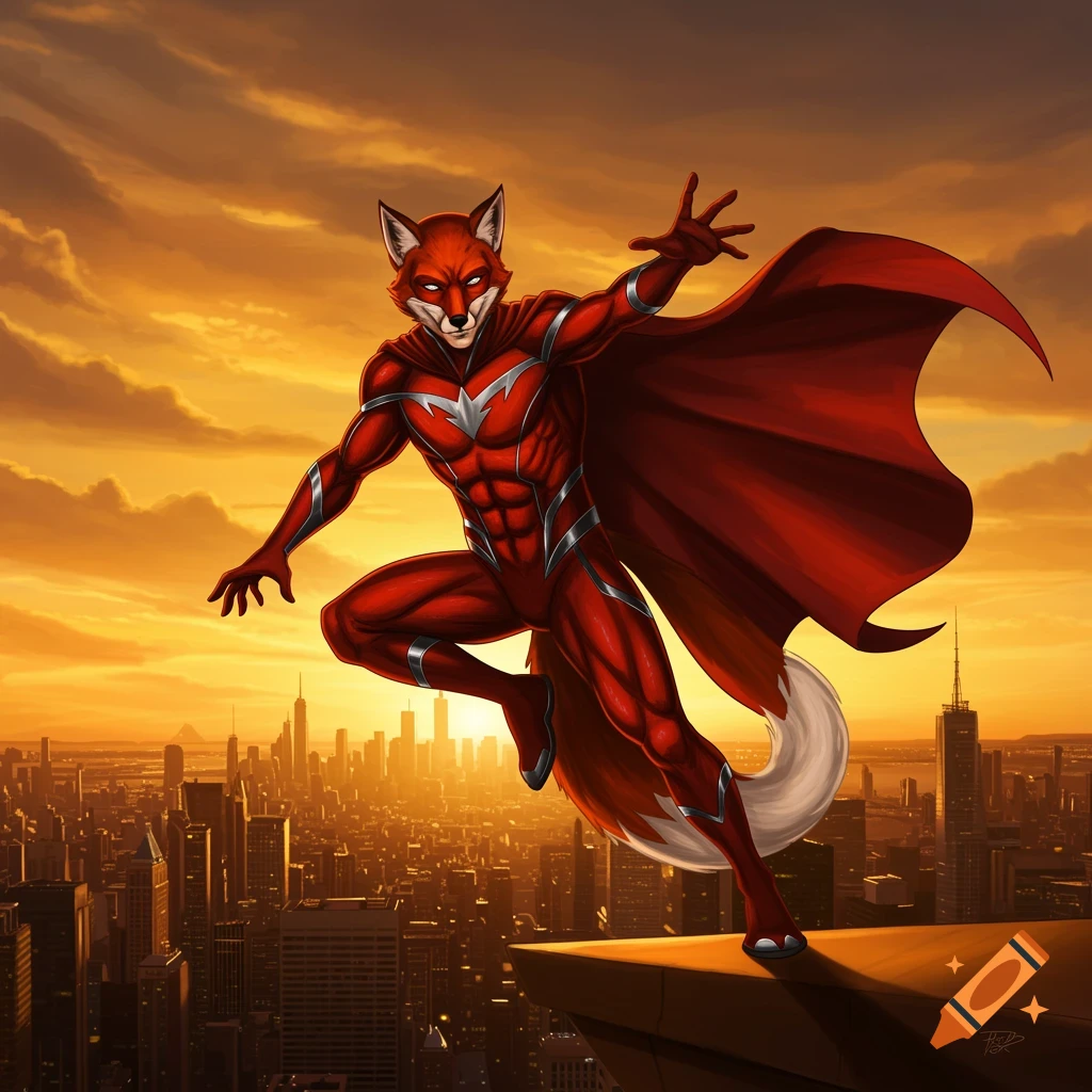 A red fox superhero in a red suit and cape poses on a rooftop overlooking a city at sunset, in a comic art style.