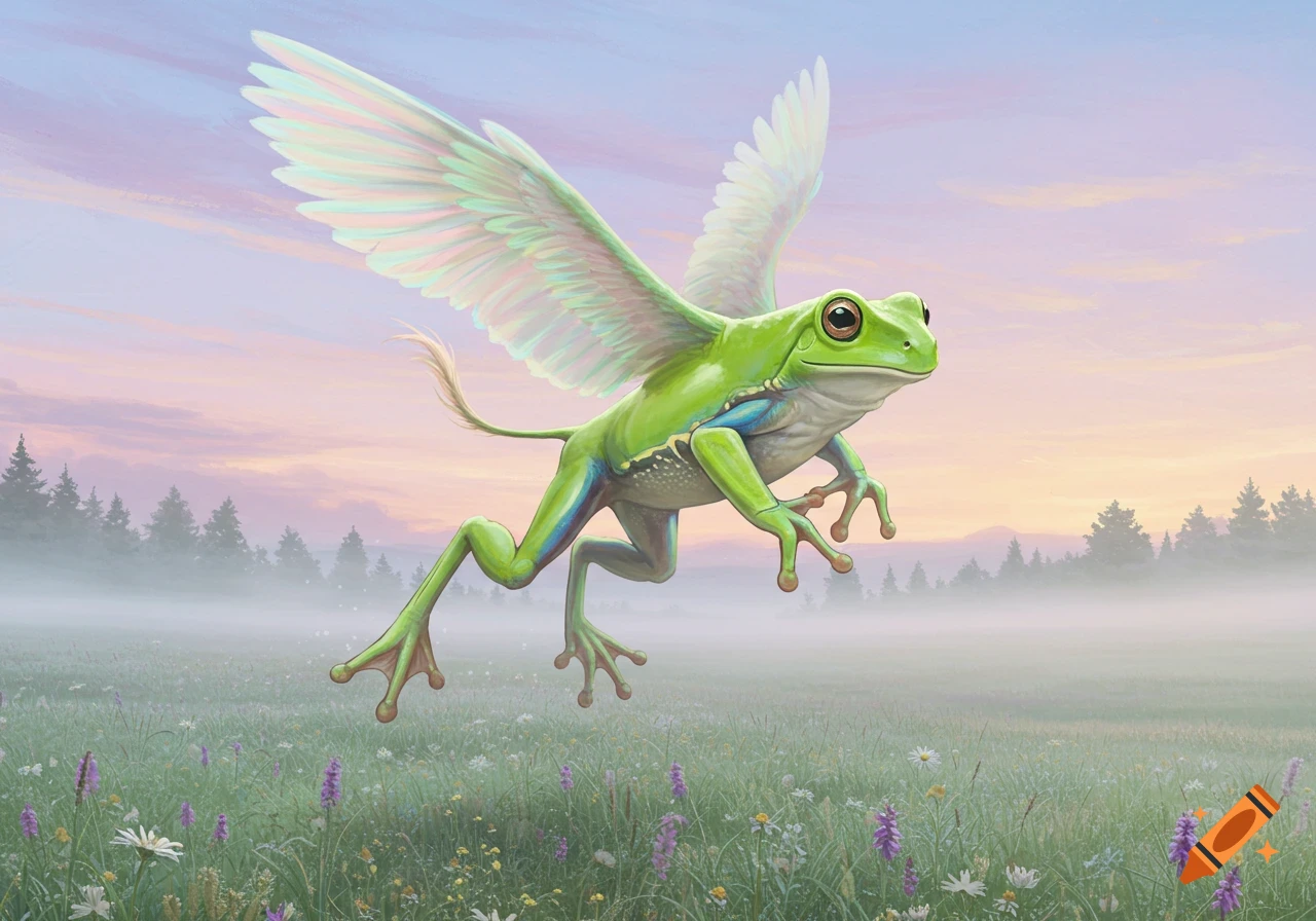 A vibrant green frog with white feathered wings flies over a misty meadow with wildflowers under a pastel sky.