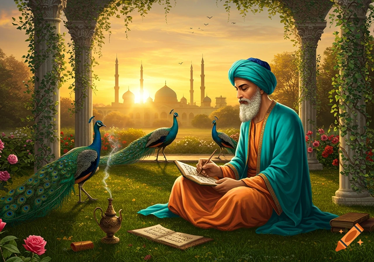 An elderly man in a turquoise turban writes in a book, surrounded by peacocks in a vibrant garden with a mosque and sunset in the background, in an illustrated style.