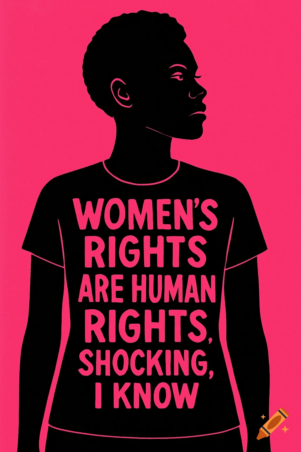 Pop art illustration of a Black silhouette of a woman in a t-shirt, reading 'WOMEN'S RIGHTS ARE HUMAN RIGHTS, SHOCKING, I KNOW' against a pink background.