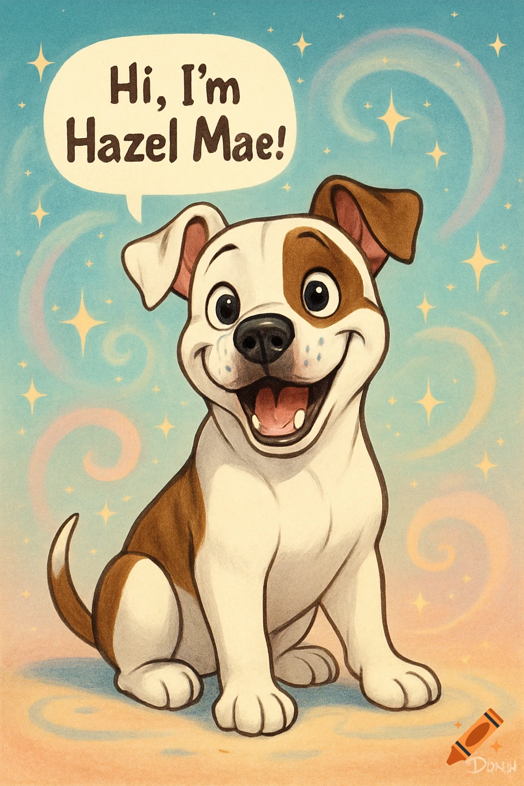 A cute Disney-style cartoon of a smiling American Staffordshire Terrier dog named Hazel Mae with a speech bubble saying "Hi, I'm Hazel Mae!".