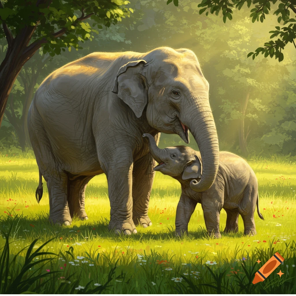 An adult elephant and a baby elephant stand together in a sunny, green grassy clearing with trees in the background.
