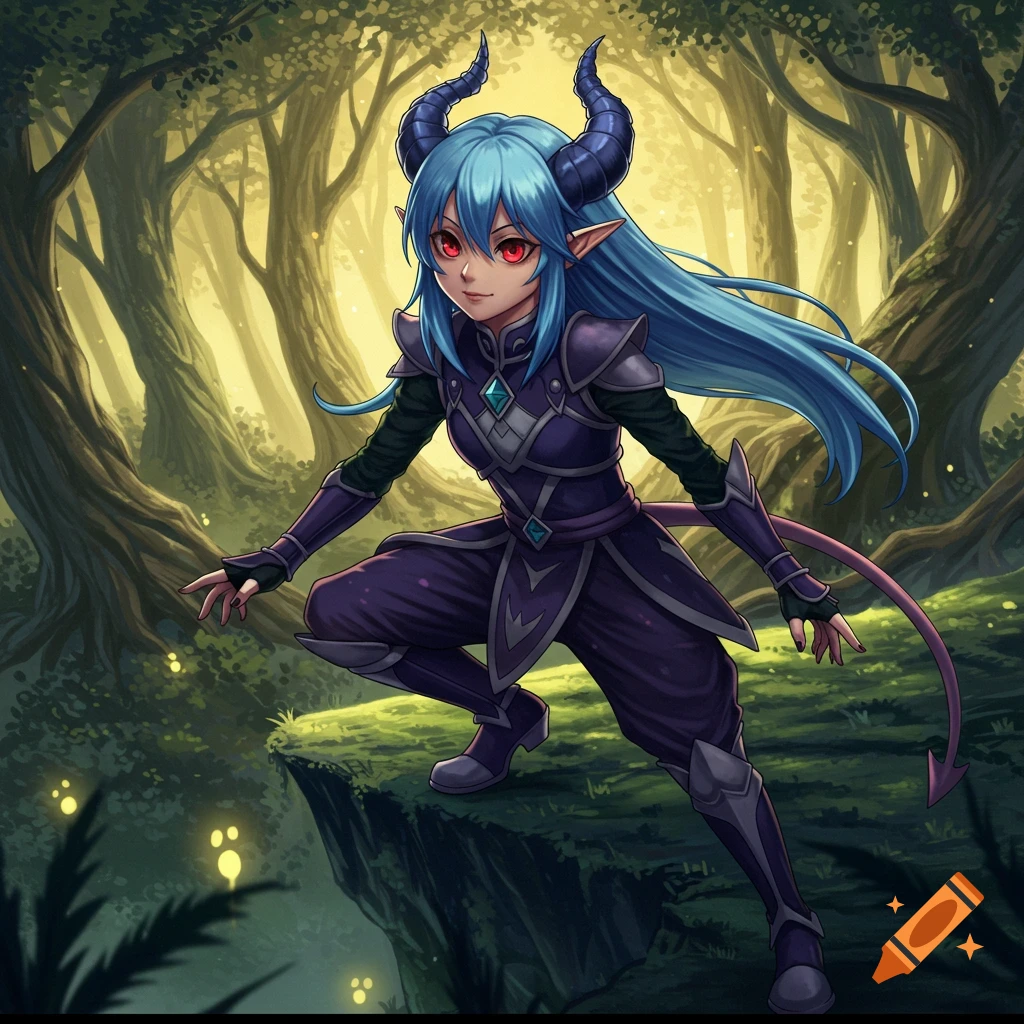 A blue-haired Tiefling with horns and red eyes, dressed in purple armor, crouches on a cliff in a vibrant, glowing forest.