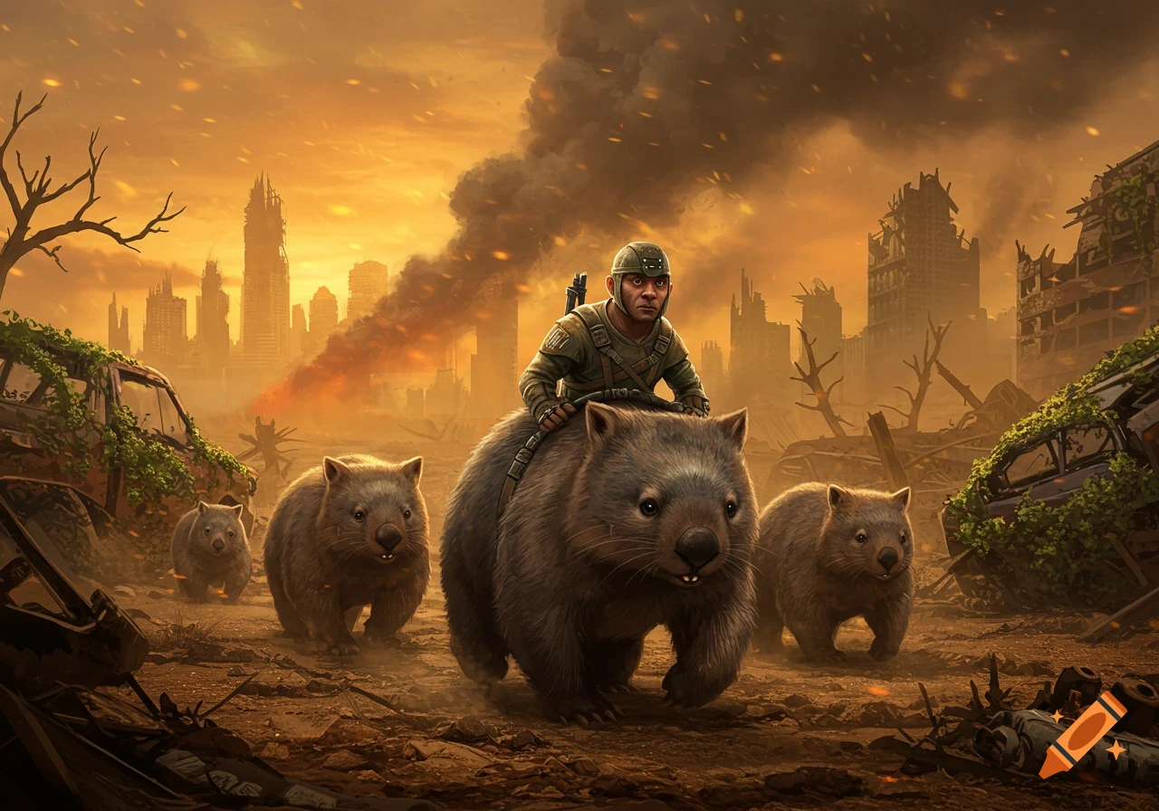 A person in military gear rides a giant wombat through a destroyed, smoky city under an orange sky, with more wombats following.