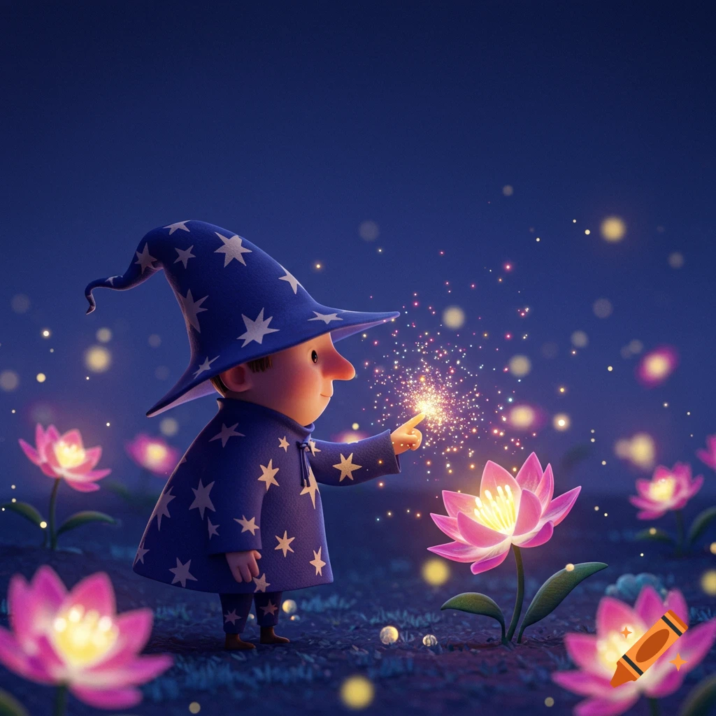A cartoon wizard in a blue starry hat and robe creates magic sparks over a glowing pink lotus flower in a dark, whimsical landscape.