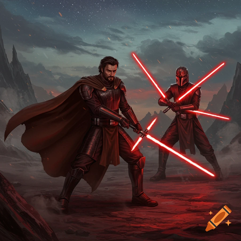 Two armored figures duel with red lightsabers in a dark, stormy, rocky landscape.