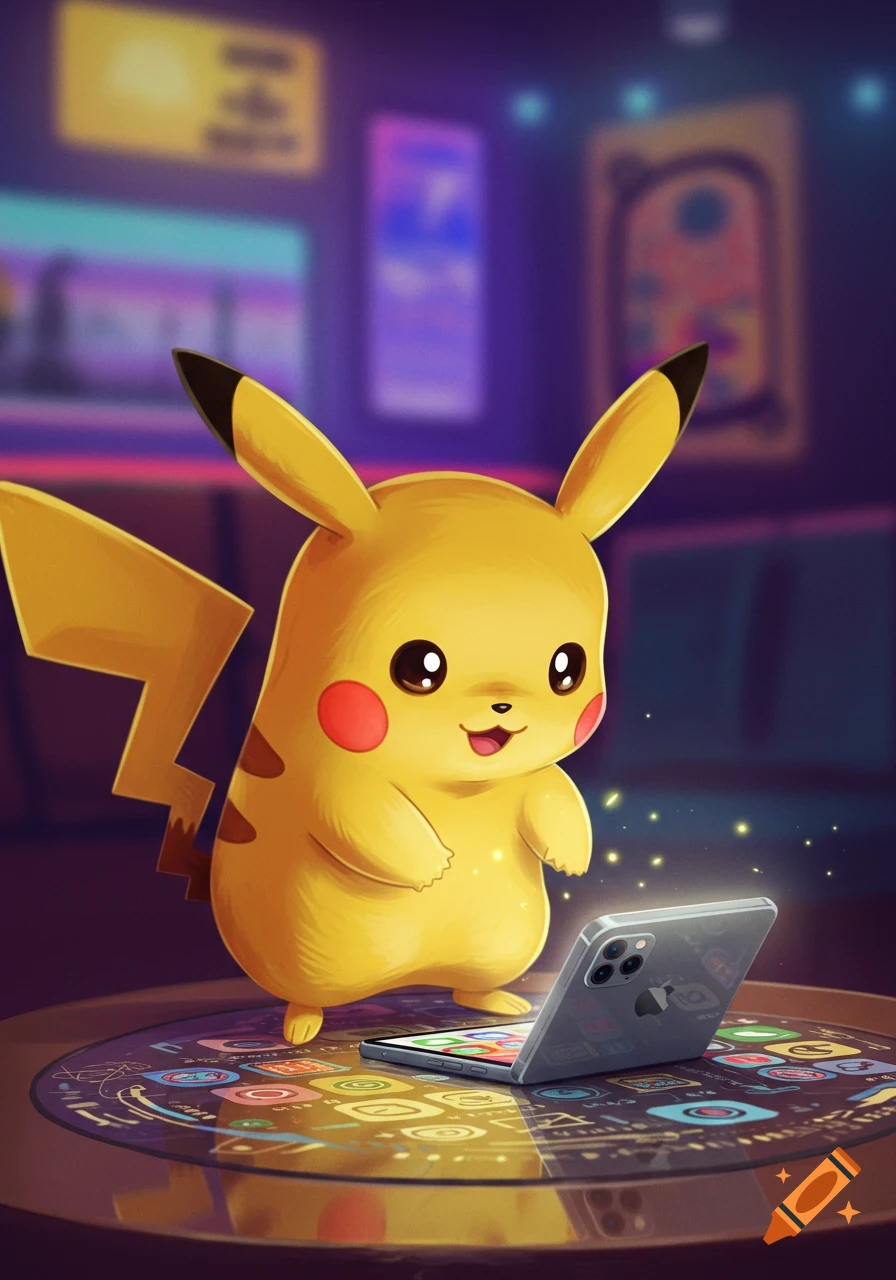 A smiling Pikachu stands on a glowing table, looking at an open iPhone in a neon-lit room.
