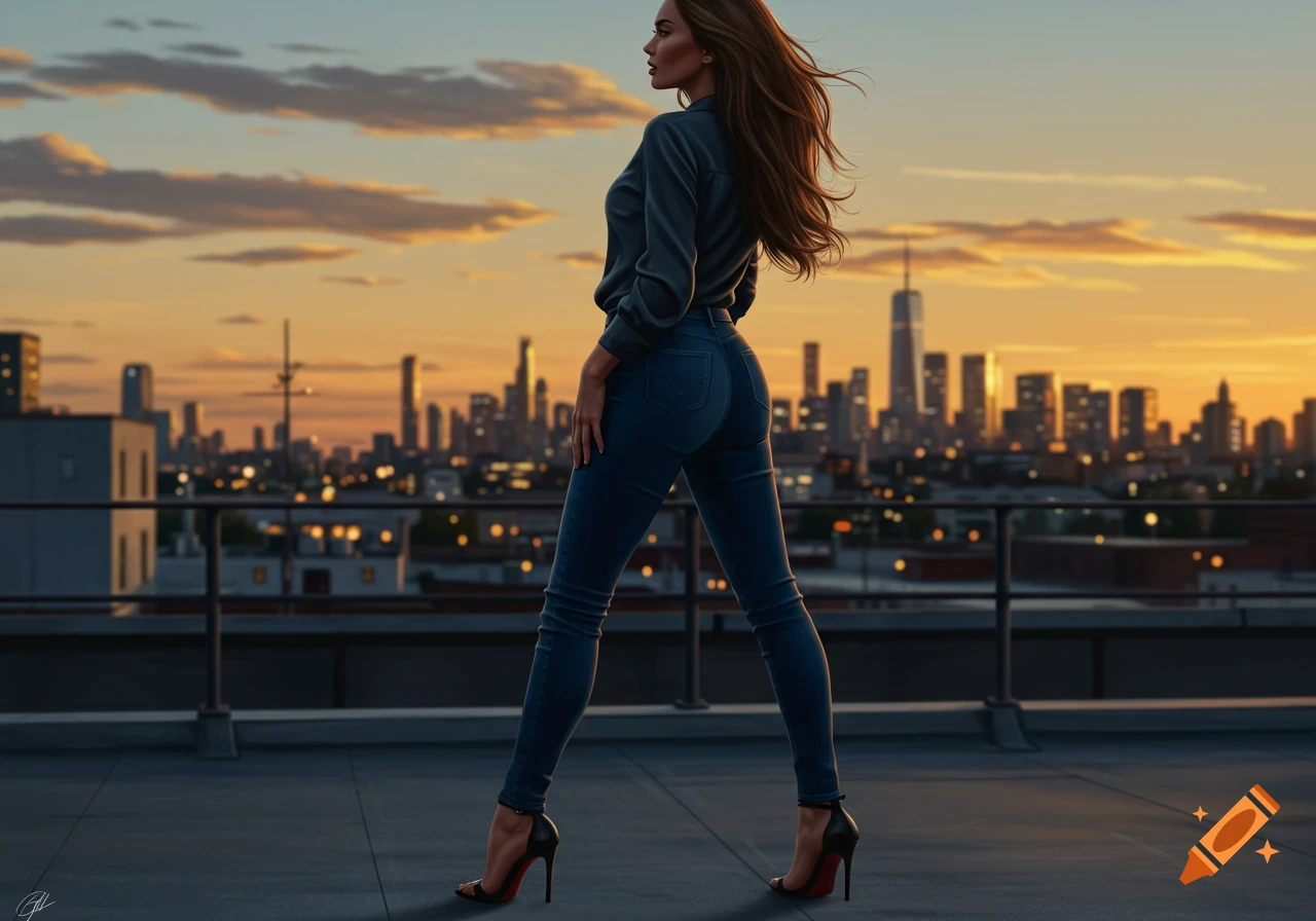 A photorealistic image of a woman in tight jeans and high heels walking on a rooftop at sunset, with a city skyline in the background.