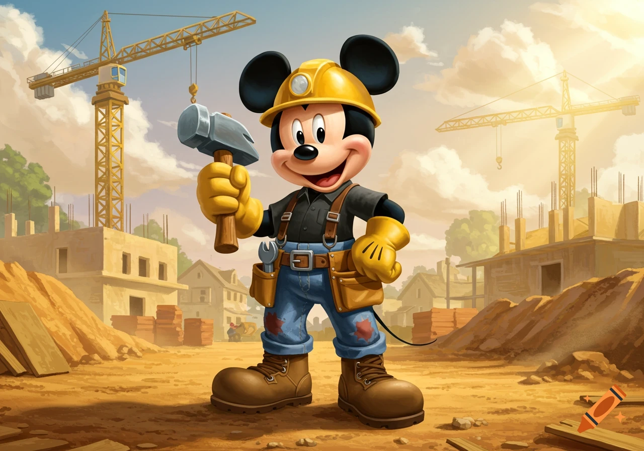Cartoon illustration of Mickey Mouse in a hard hat and work clothes, holding a hammer at a construction site with cranes.