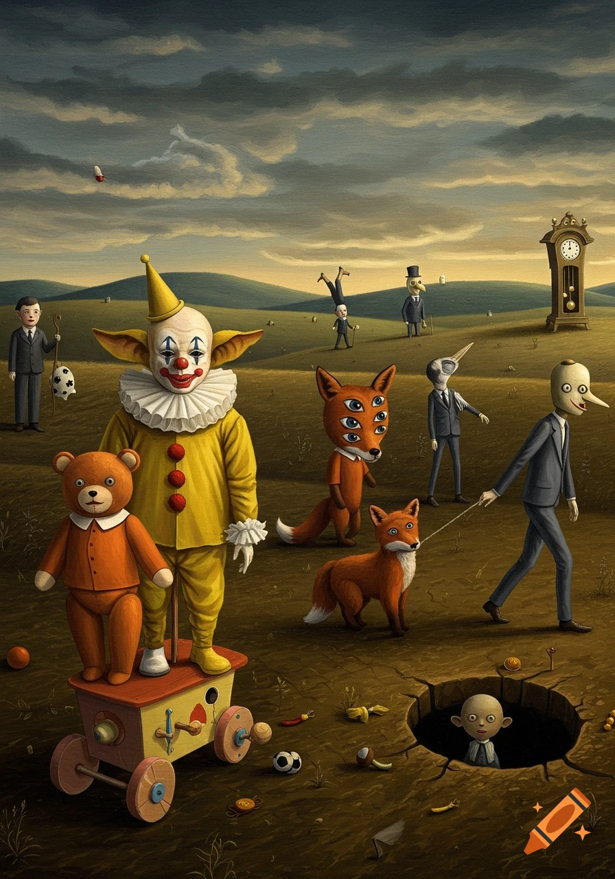 A surreal painting depicts a clown and a teddy bear on a cart, a multi-eyed fox, and other bizarre characters in a barren landscape under a cloudy sky.