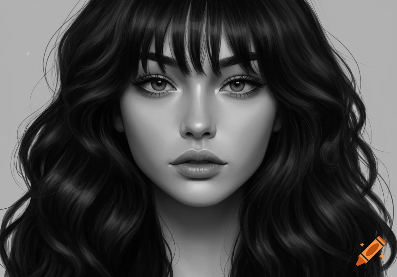Black and white digital art close-up portrait of a woman with long, wavy hair and bangs.