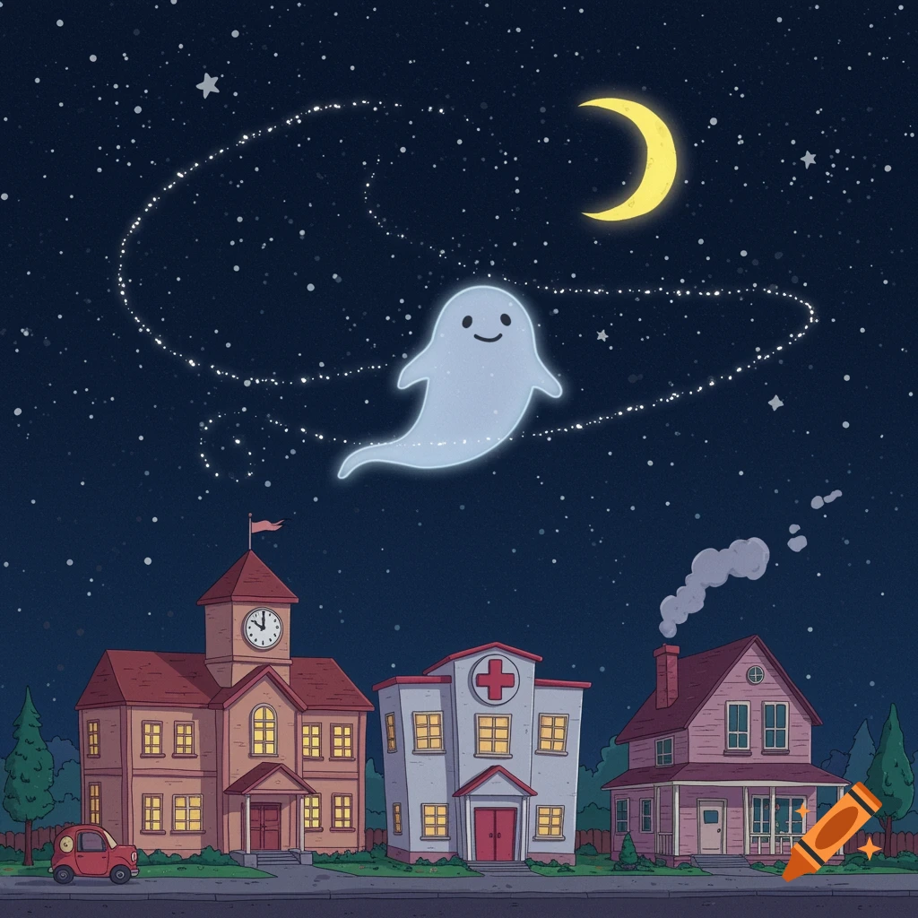A whimsical cartoon ghost flies over a row of buildings including a school, hospital, and house, under a starry night sky with a crescent moon.