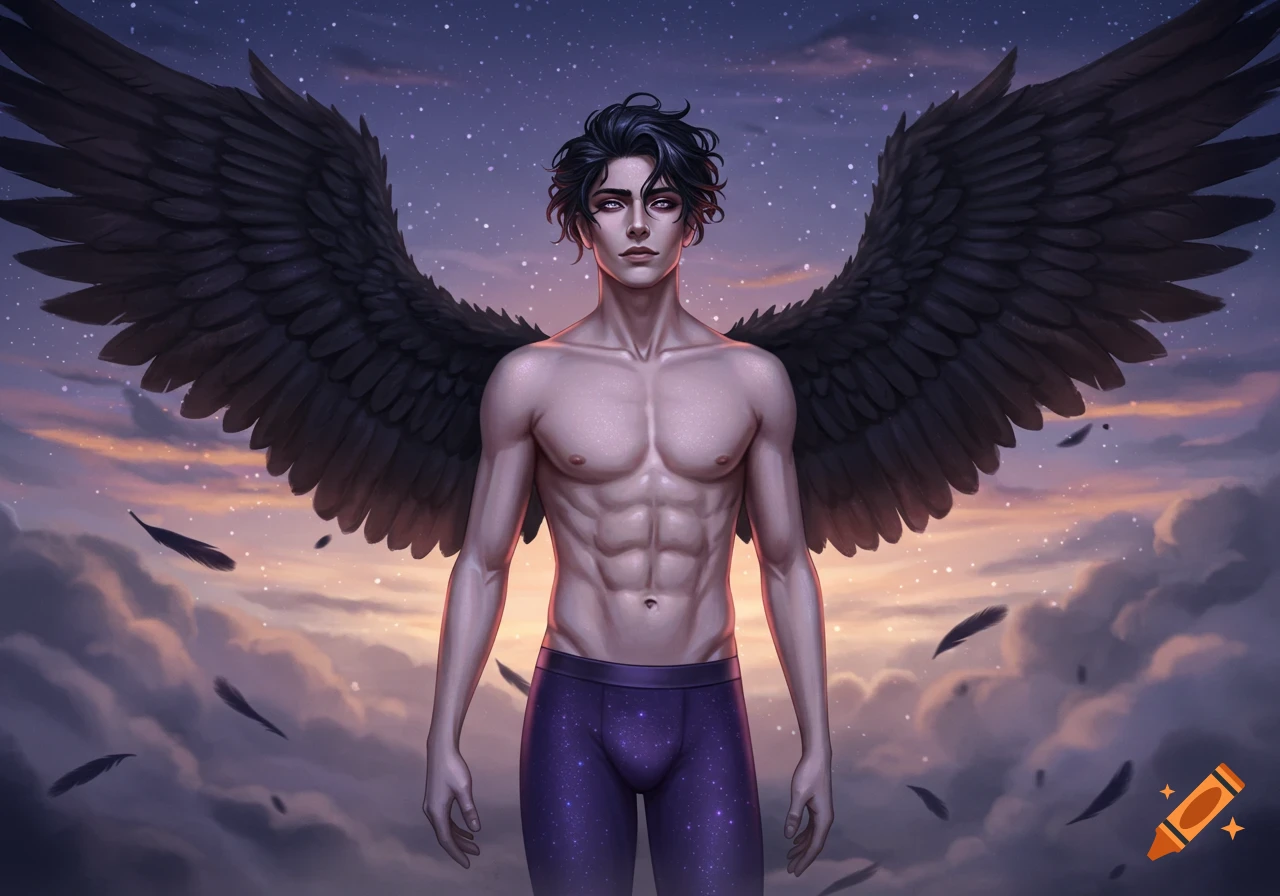 An anime illustration of a shirtless young man with black wings and purple boxers, standing against a sunset sky with stars and clouds.