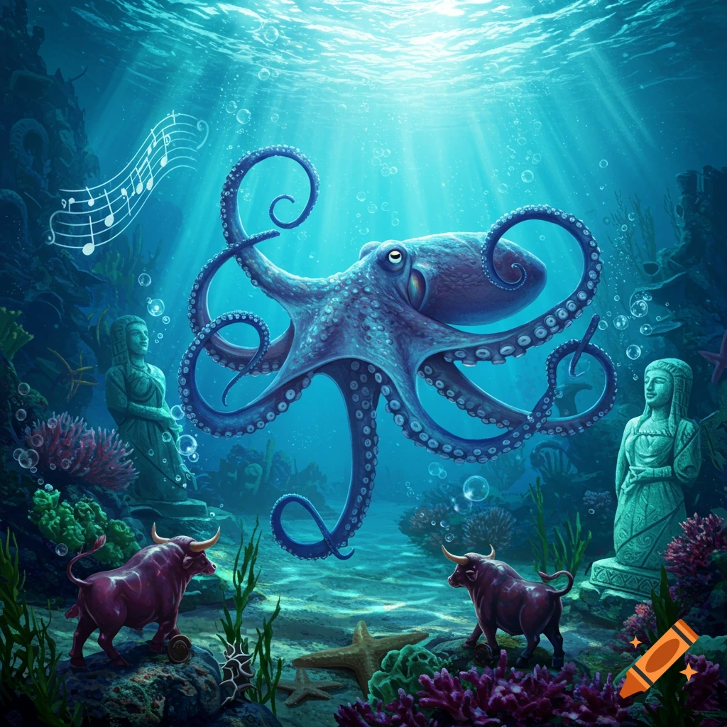 A purple octopus floats underwater amidst ancient statues, two bull figures, coral, and musical notes under sunbeams.