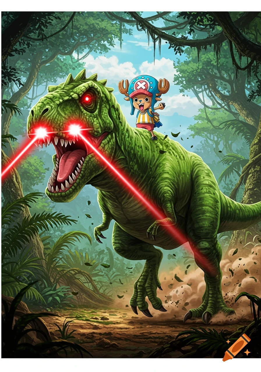 A colorful anime illustration of Chopper from One Piece riding a green T-Rex with glowing red eyes that shoot red lasers, in a lush jungle.