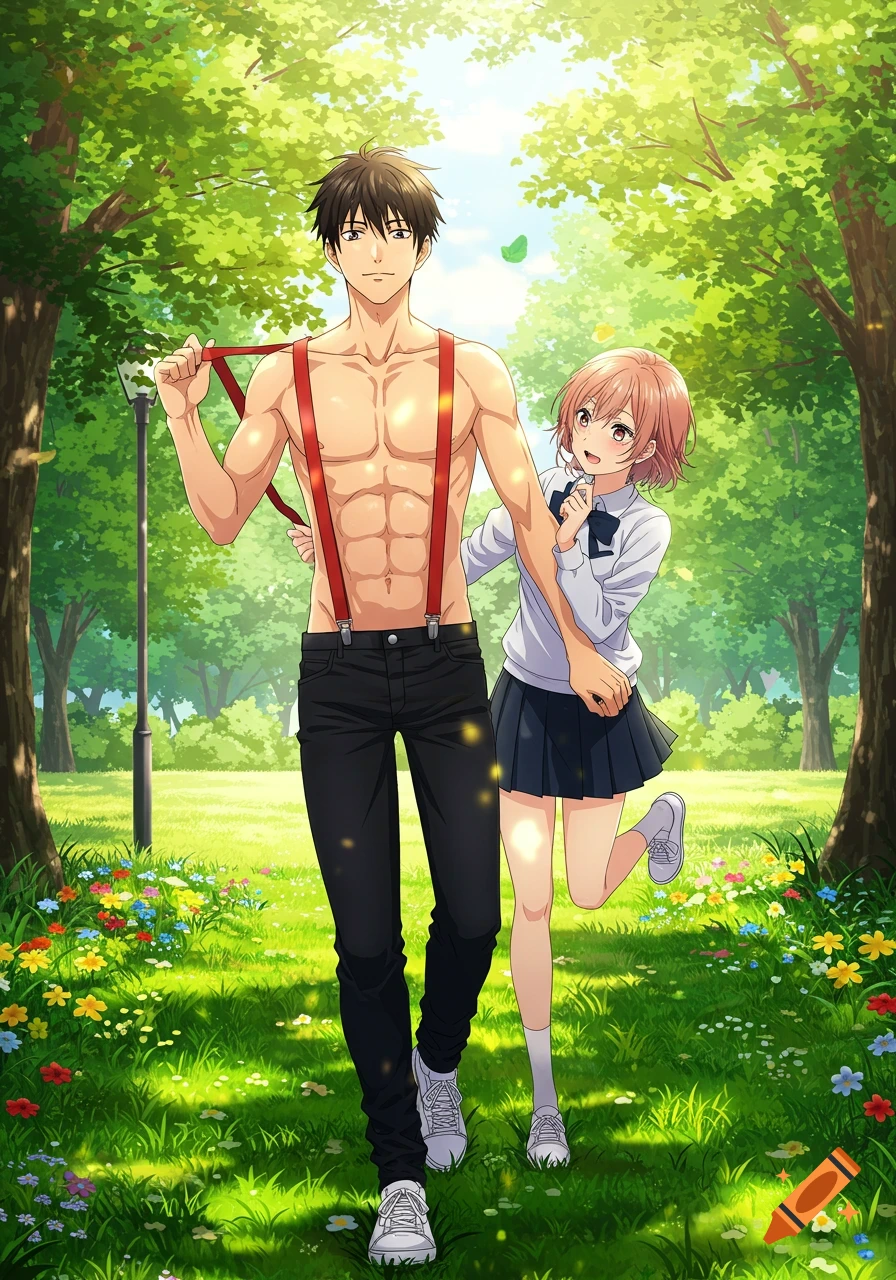 Anime style image of a shirtless man in suspenders and jeans walking with a girl in a school uniform through a sunny park.