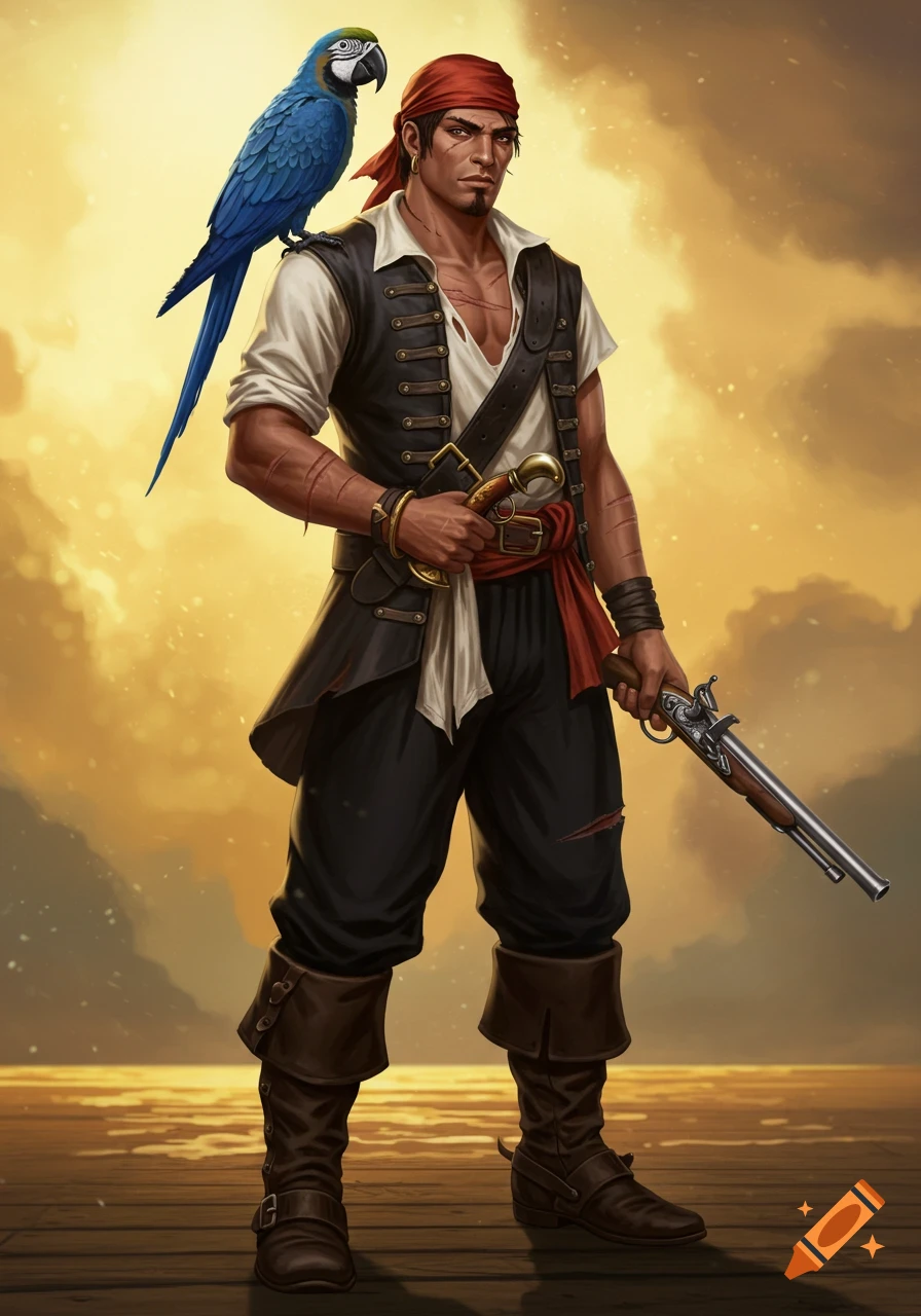 An illustrated tan-skinned pirate man with a blue parrot on his shoulder stands on a wooden deck at sunset, holding a flintlock pistol.