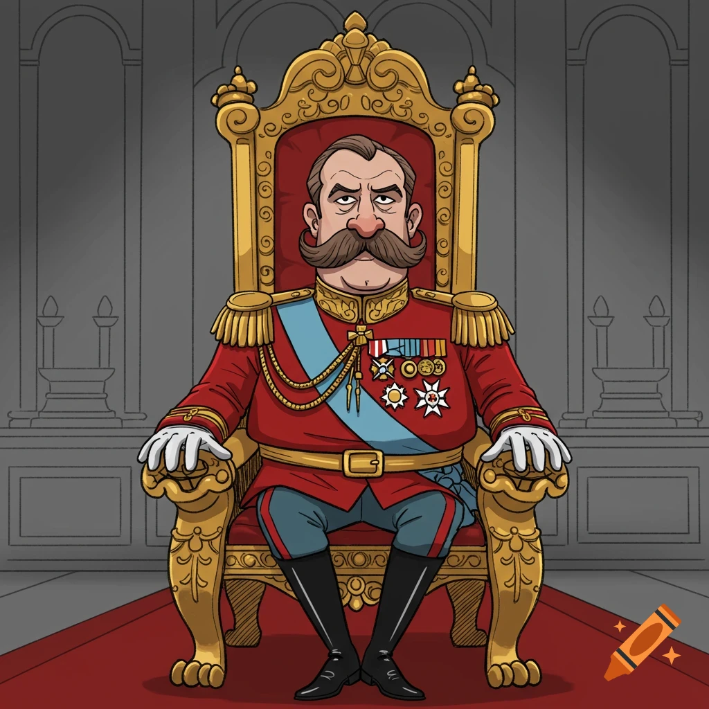 A cartoon man with a large mustache in a red military uniform with medals sits on an ornate golden throne.