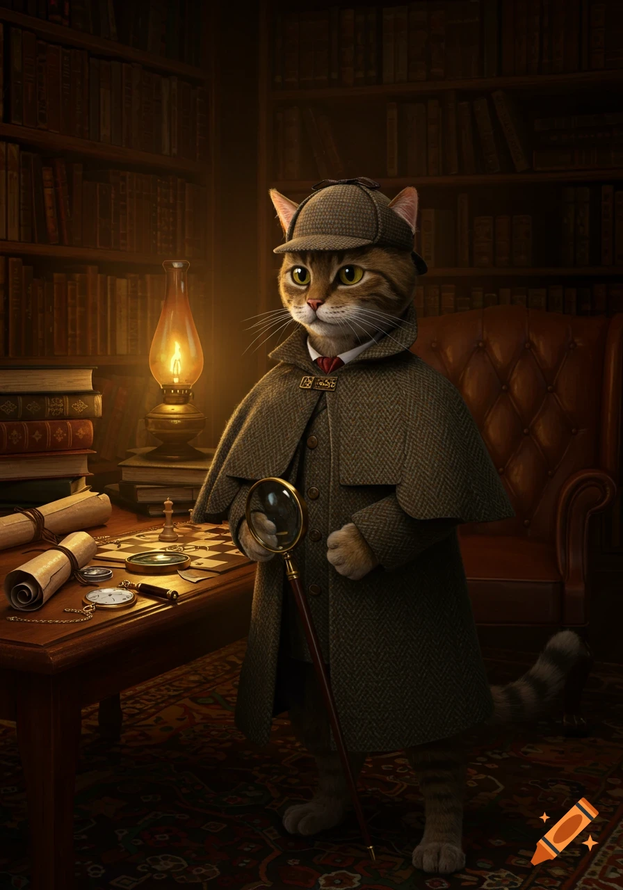 A photorealistic anthropomorphic cat dressed as Sherlock Holmes stands in a dimly lit library, holding a magnifying glass and a cane.