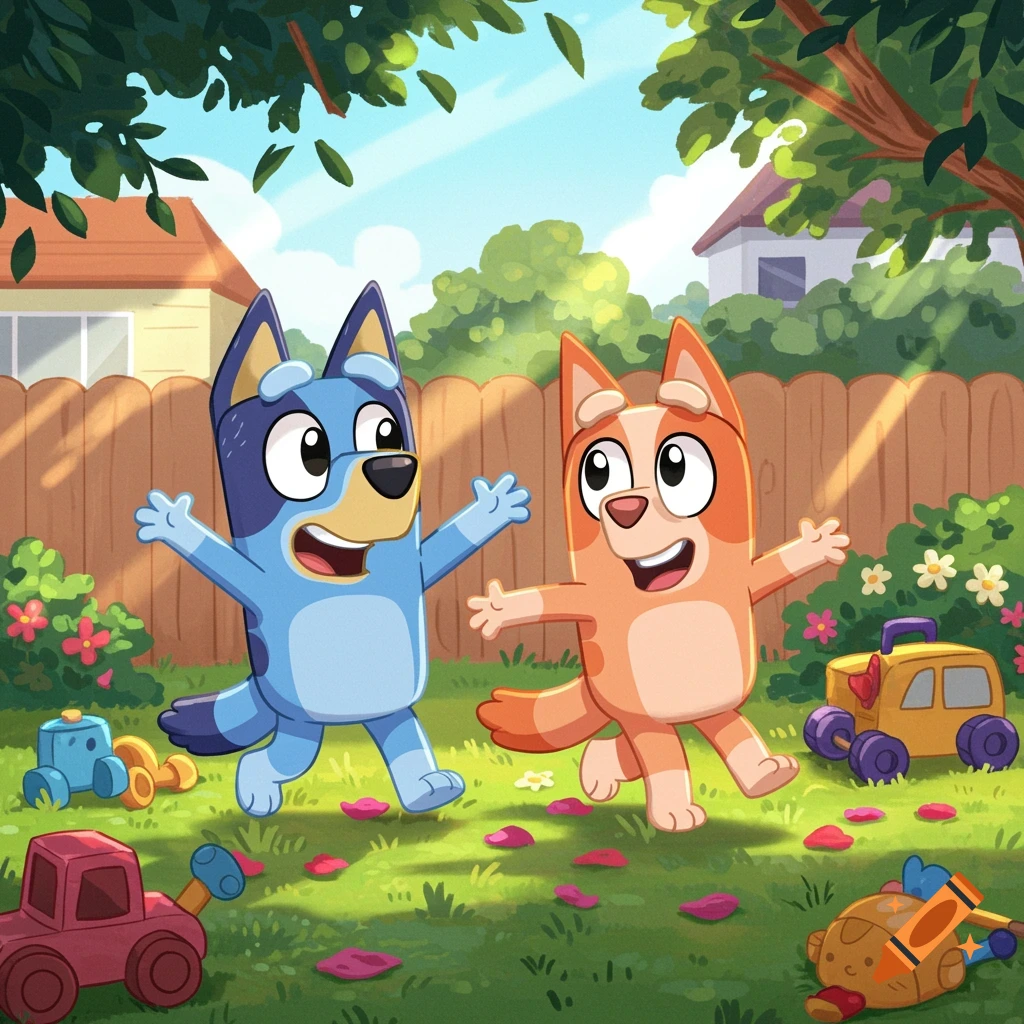 Bluey and Bingo, two cartoon dog characters, happily playing in a sunny backyard with toys.