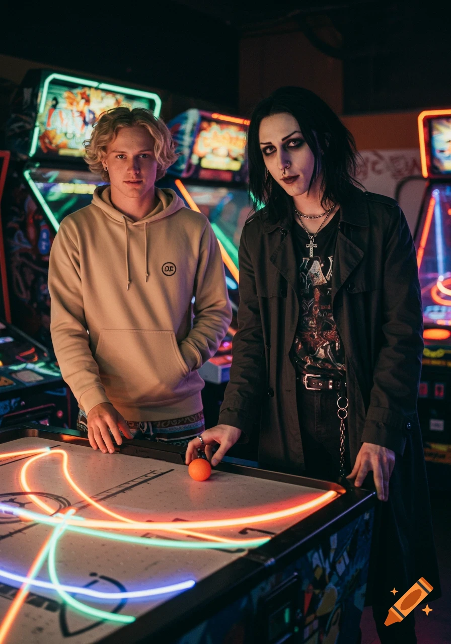 Two young men, one blonde in a beige hoodie and one goth in a trench coat, stand at an air hockey table in a neon-lit arcade.