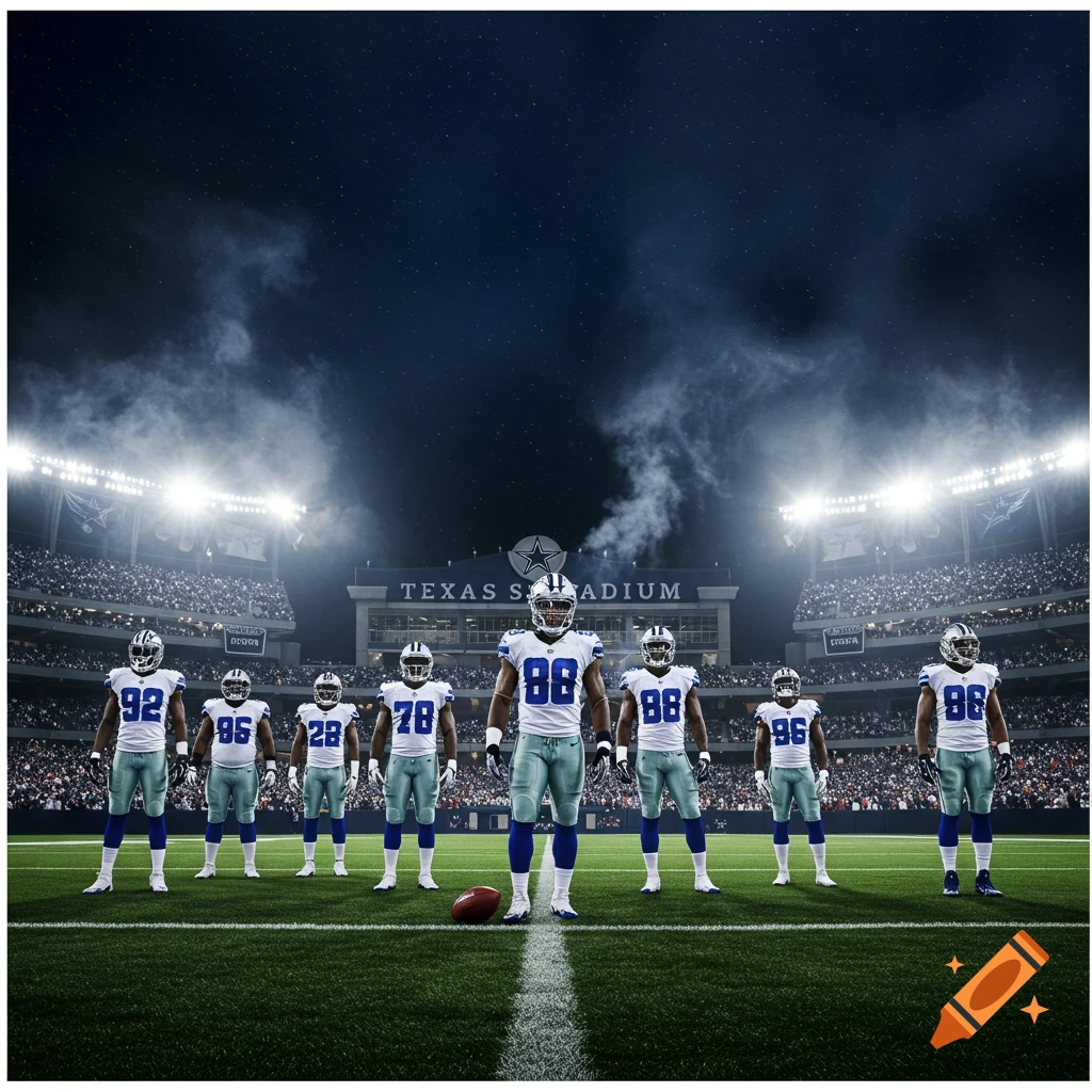 Seven football players in white and blue uniforms stand on a stadium field at night, a football lying in front of them.