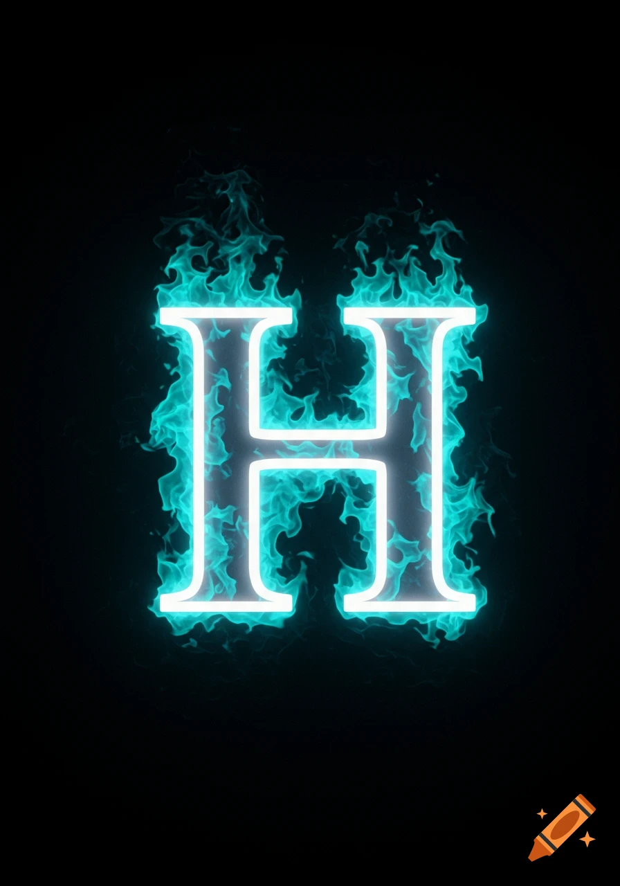 A glowing white letter H surrounded by teal flames on a black background.