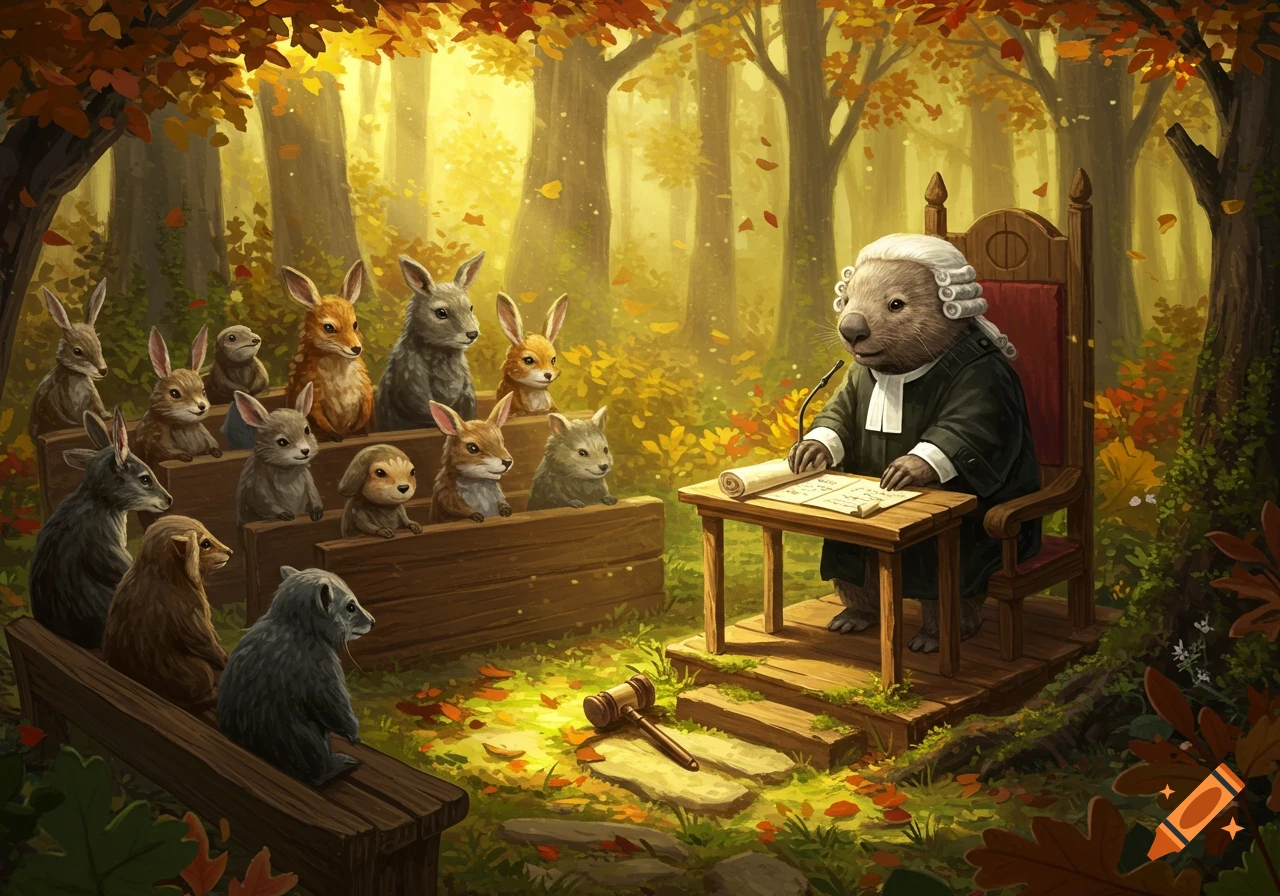 A wombat judge in a wig presides over a forest court, with various animals like rabbits and a bear attending, in an autumn setting.