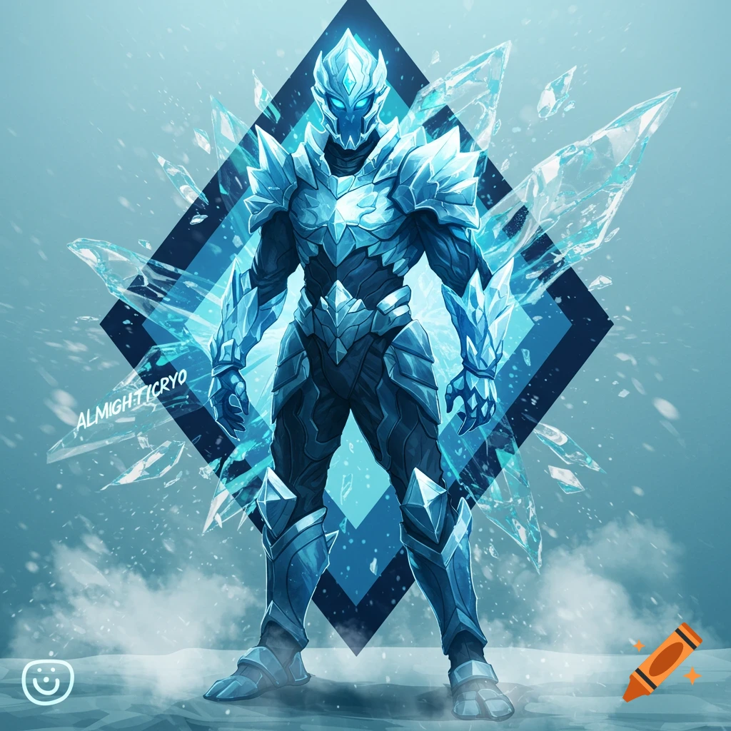 A stylized ice-armored character, glowing blue, stands against a diamond shape with ice shards and snow.