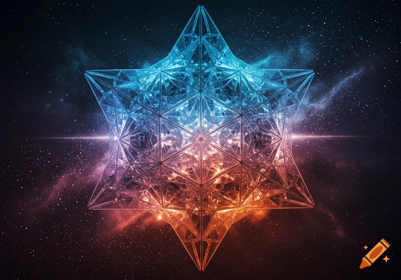 A multifaceted crystalline star, glowing blue and orange, against a starry cosmic background with nebulae.