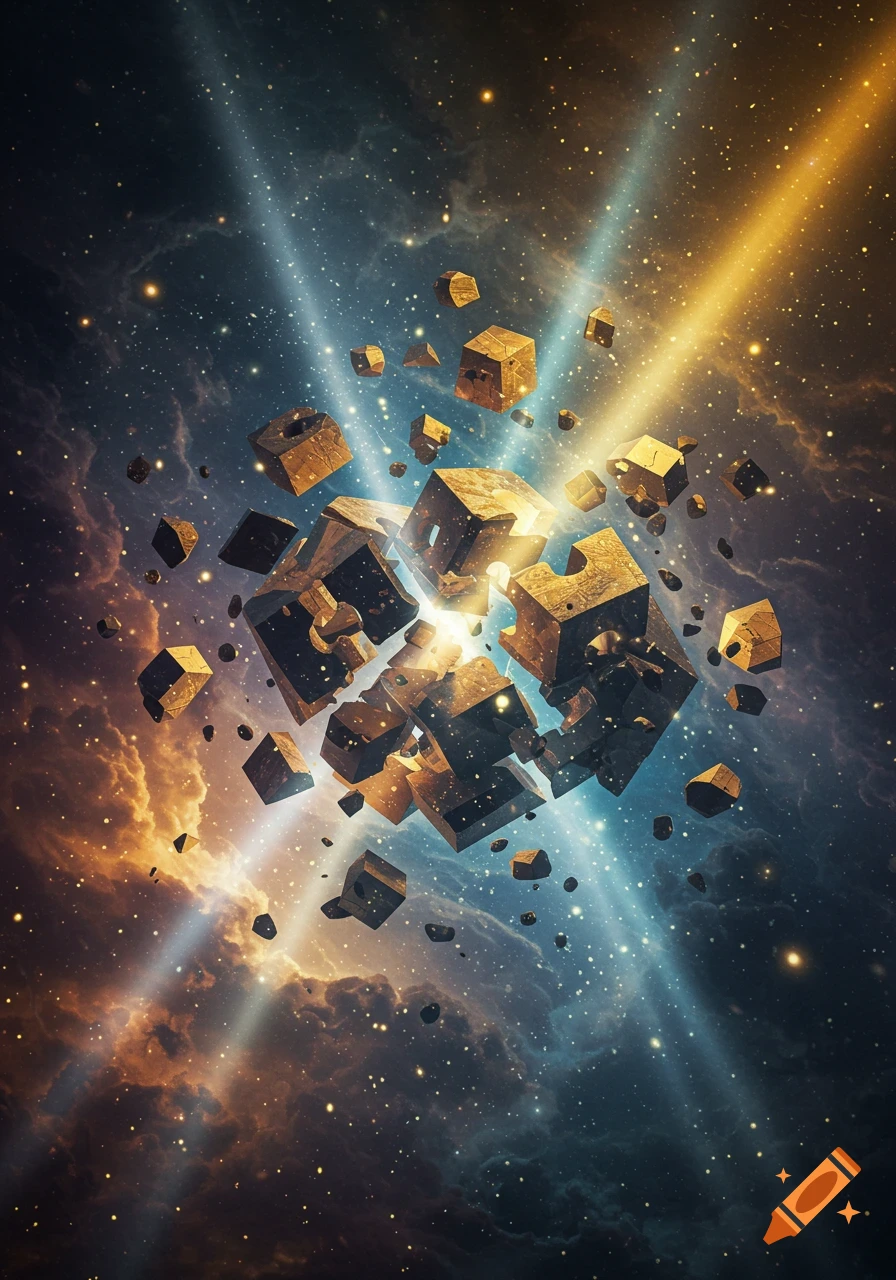 Shattered golden-brown cubes float in a dark cosmic space with glowing blue and orange light rays and twinkling stars.