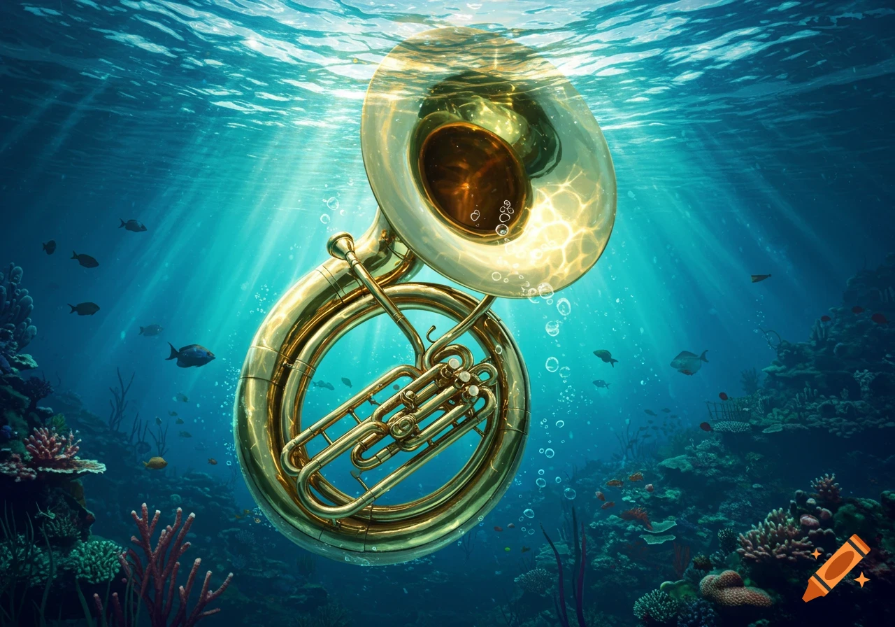 A brass sousaphone submerged in a vibrant blue ocean, with sunlight, small fish, and coral.