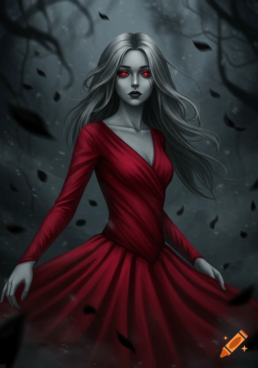 A stylized fantasy portrait of a woman with pale gray skin, long gray hair, and red eyes wearing a flowing red dress in a dark forest with black leaves falling.