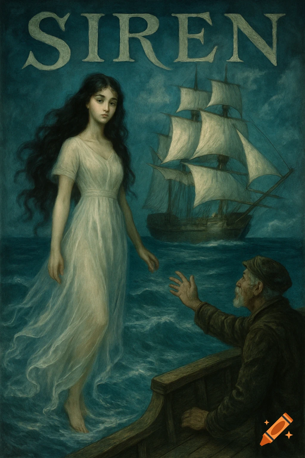 Painting of a woman in a sheer gown floating above stormy waves, an old sailor reaching from a boat, and a sailing ship, with 'SIREN' above.