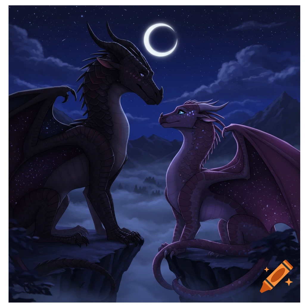Two majestic dragons, one dark and one purple, face each other on mountain cliffs under a crescent moon and starry night sky.
