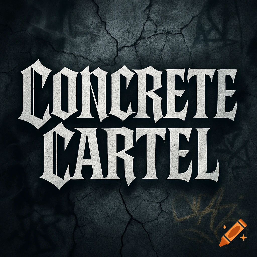 Stylized white text 'CONCRETE CARTEL' on a dark, cracked concrete background with faint graffiti.