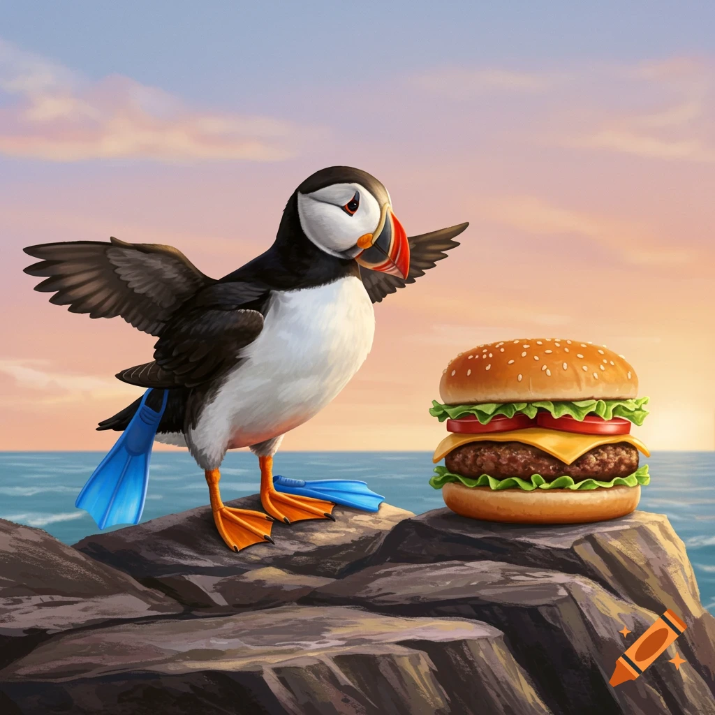A cartoon-style puffin wearing blue flippers stands on a rocky shore next to a large burger, with the ocean and a sunset sky in the background.