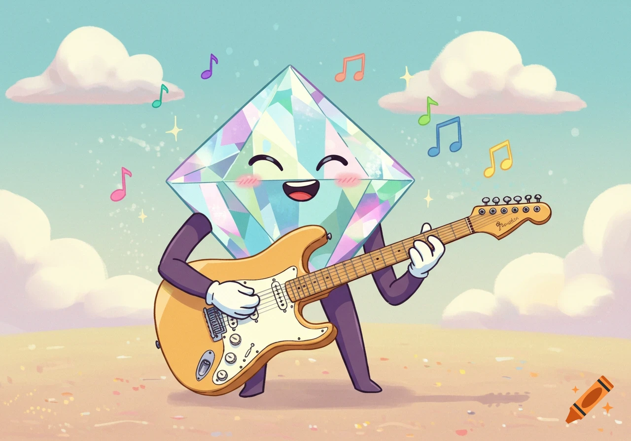 A happy, smiling cartoon diamond character plays an electric guitar under a light blue sky with clouds, in classic Disney animation style.