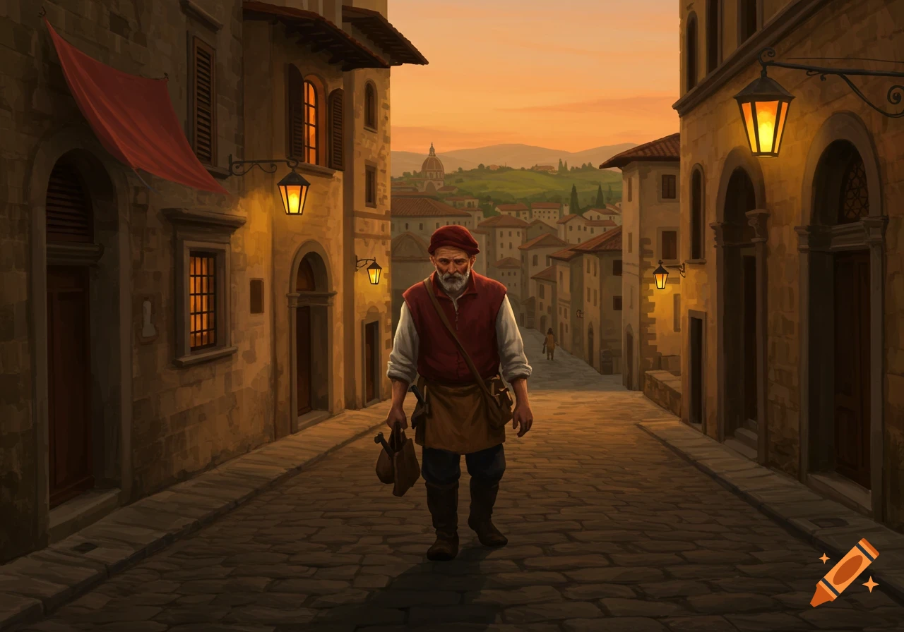 A man with a beard and a red cap walks down a cobblestone street in a historic European town at sunset.