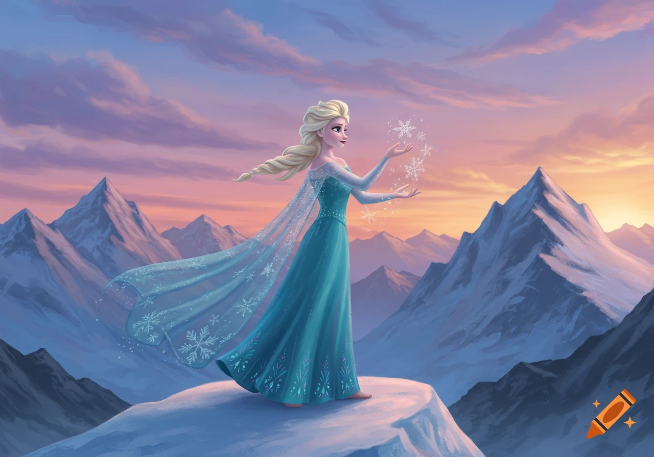 Elsa in a teal dress stands on a snowy mountain peak, casting snowflakes against a dramatic sunset sky.