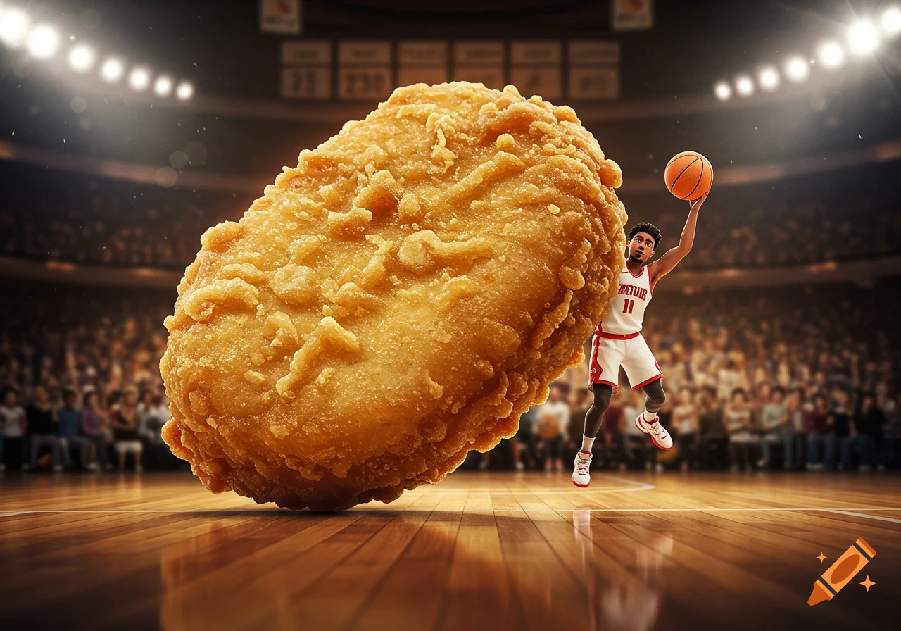 A giant fried chicken nugget on a basketball court with a small basketball player attempting to dunk a basketball.