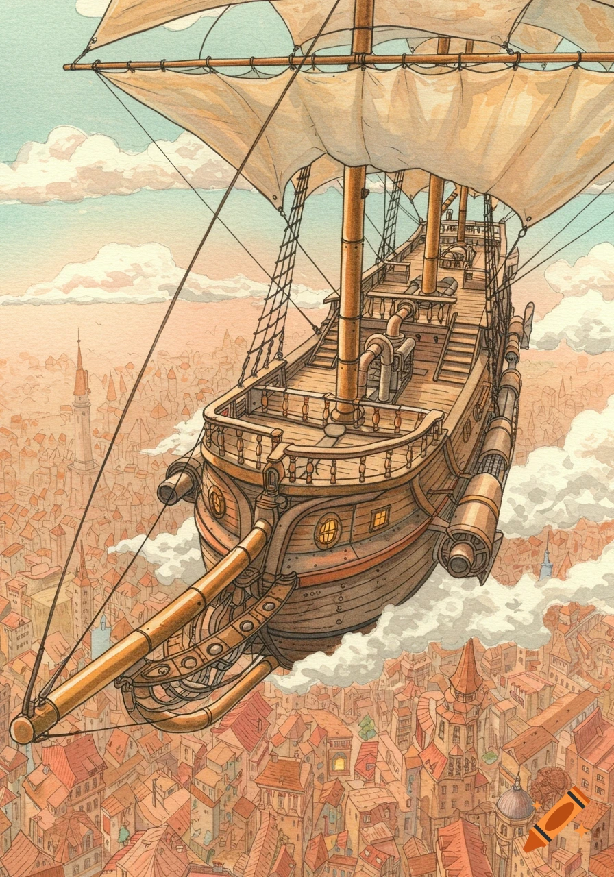 Watercolor illustration of a steampunk airship with sails and engines flying over a sprawling city with red-roofed buildings under a cloudy sky.