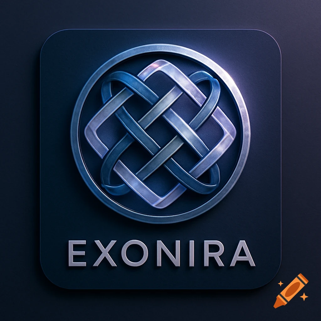A professional logo for Exonira, featuring a metallic silver and blue interwoven knot symbol in a circle on a dark square background.