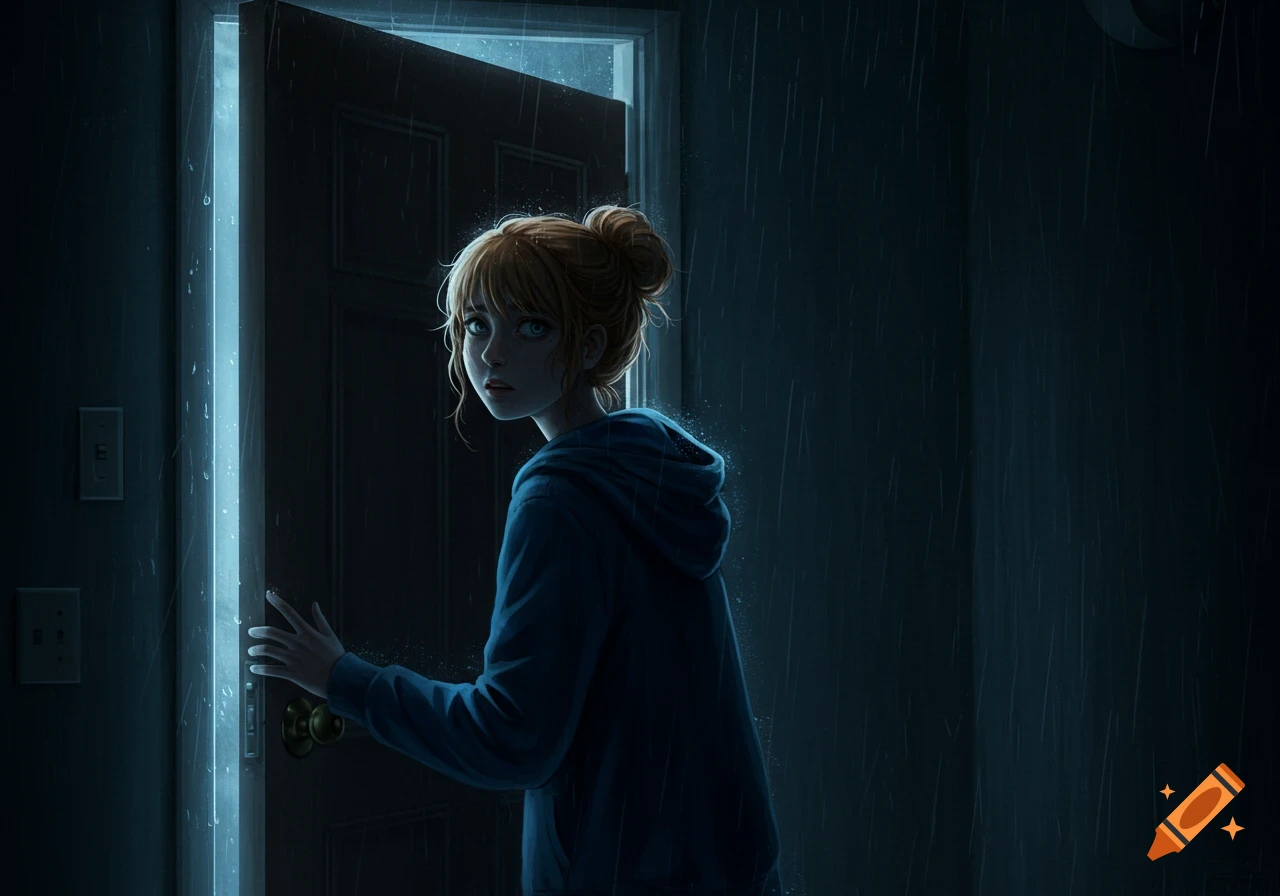 A young woman in a blue hoodie with a messy bun peers nervously from a dimly lit hallway through a slightly open door into a rainy night. Digital art.