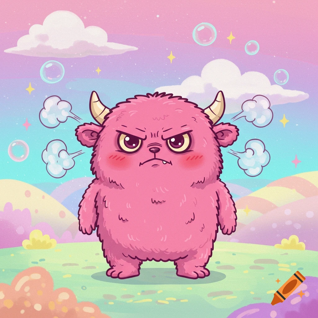 A cute, fluffy pink cartoon monster with horns and fangs looks angry, with steam coming from its ears, set against a whimsical pastel landscape with bubbles and clouds.