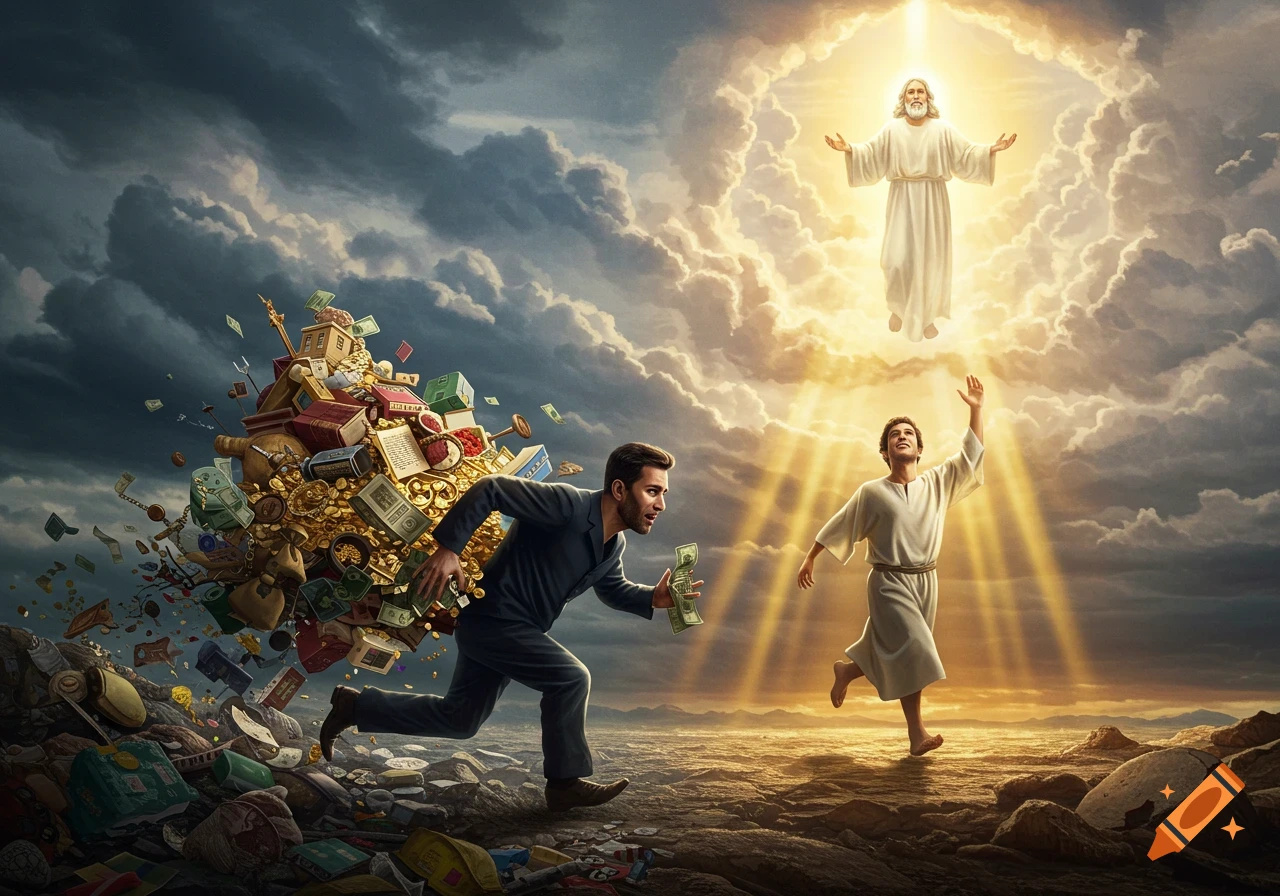 A man clutching worldly possessions runs on rugged ground, while another runs joyfully toward a radiant, divine figure in the sky.